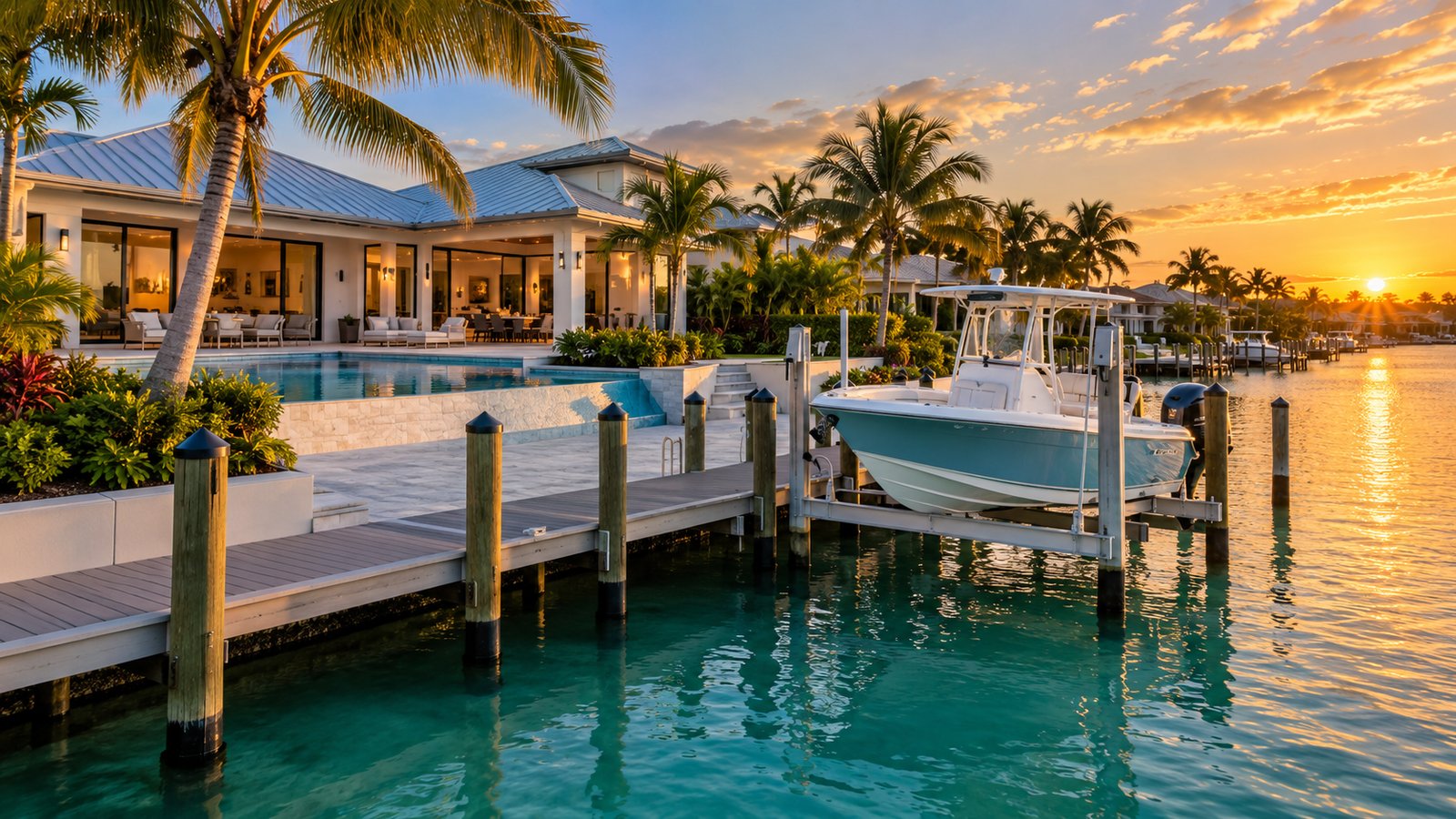 Sarasota canal-front home with private dock and center-console boat on a lift at sunset